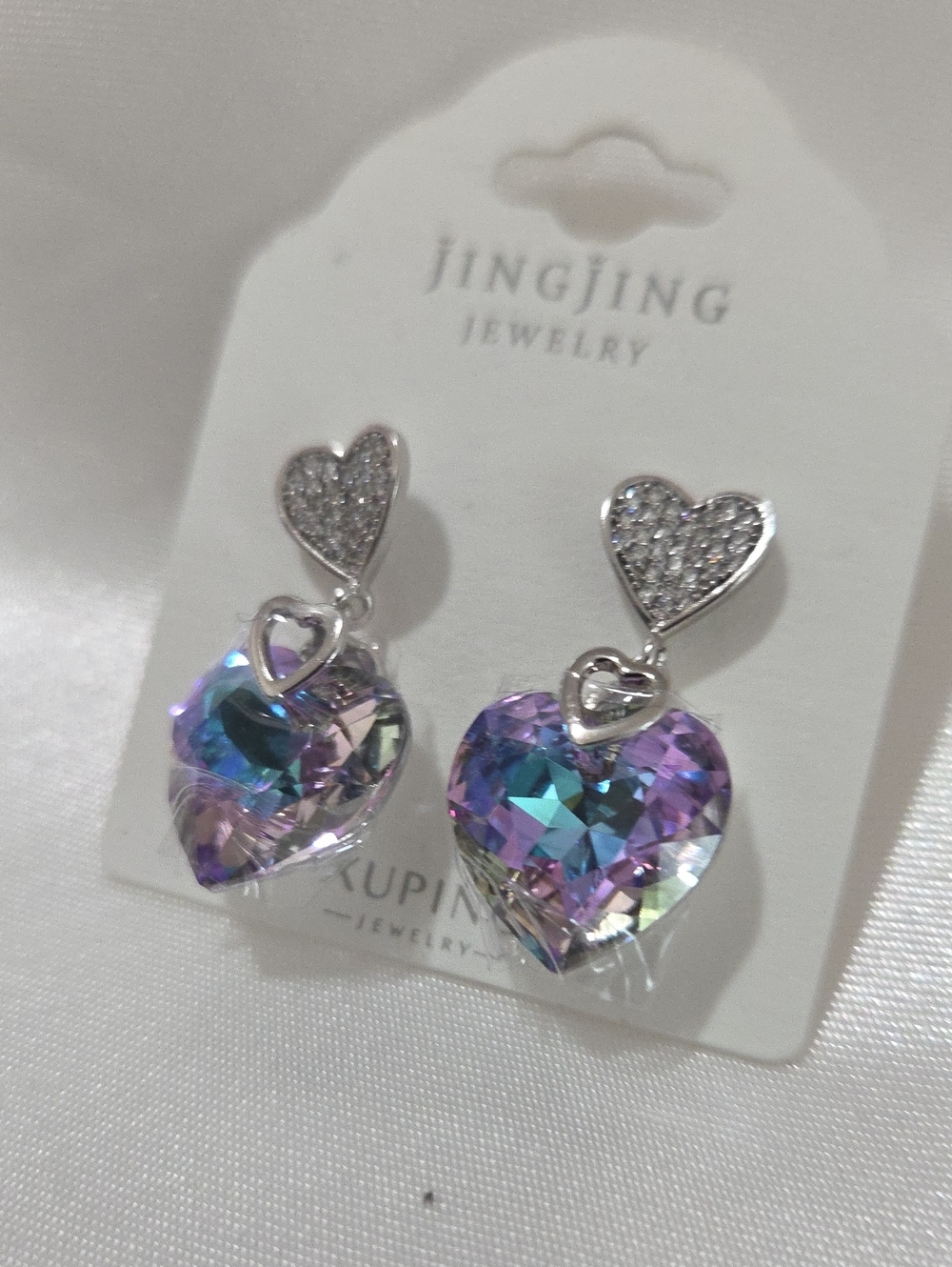 14k Laminated Silver Iridescent Purple Heart Drop Earrings